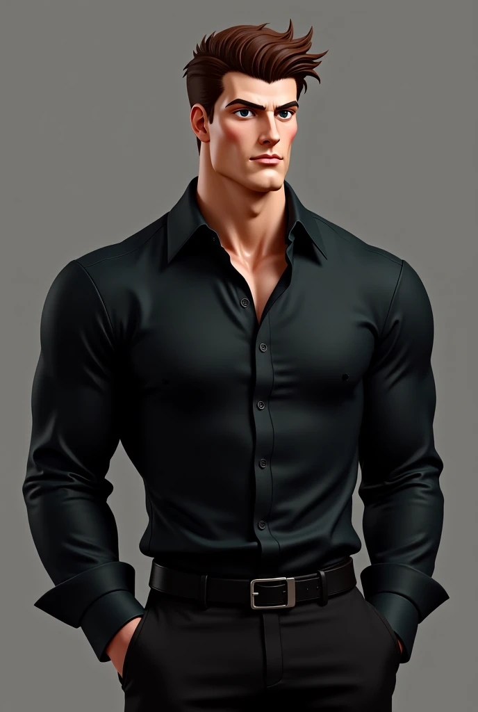 Masterpiece, Superior picture quality, high resolution, 4K images, man ,Hair set with a middle part, black hair. ,white skin, Dark blue eyes, Very detailed eyesight, height, The body is muscular.,  Any color shirt with the sleeves rolled up., black pants ,It has the ears and tail of a panther.
