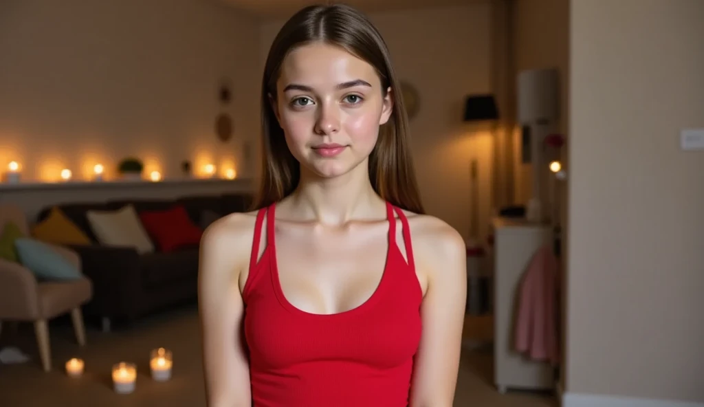 Posture: Elegant and well-aligned, which contributes to a graceful and natural appearance. transparent black top, red leggings. Girl with waist-length blonde hair. Oval face. Small and proportional nose with a smooth straight profile with symmetry and naturalness. Large, expressive eyes with a vibrant green color with a penetrating look with long, defined eyelashes. Full and well-defined lips with marked cupid curves of moderate size and symmetrical. nose, eyes, lips and ears are balanced and complement the oval shape of the face, symmetrical with each other, healthy and well-groomed skin, as well as shiny and well-groomed hair. (Textured Skin), (((Life Real))). ((ite)), ((smal)),