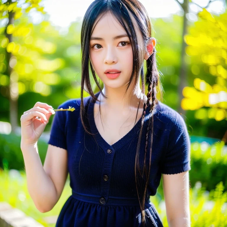 High quality, gentle and delicate, beautiful paintings. In the picture, the long-haired girl in a hat is wearing a white vest, long black hair, short bangs in front of her eyes, and thin braids on both sides, showing the beauty of an East Asian girl, while her body is slender and well-proportioned, full of youthful atmosphere. She appears in the picture with two girls with long two-tailed hair, one with a round and cute Asian face, and the other with a playful and pleasant Korean face, their hair is neatly combed, giving a fresh and vulgar feeling.