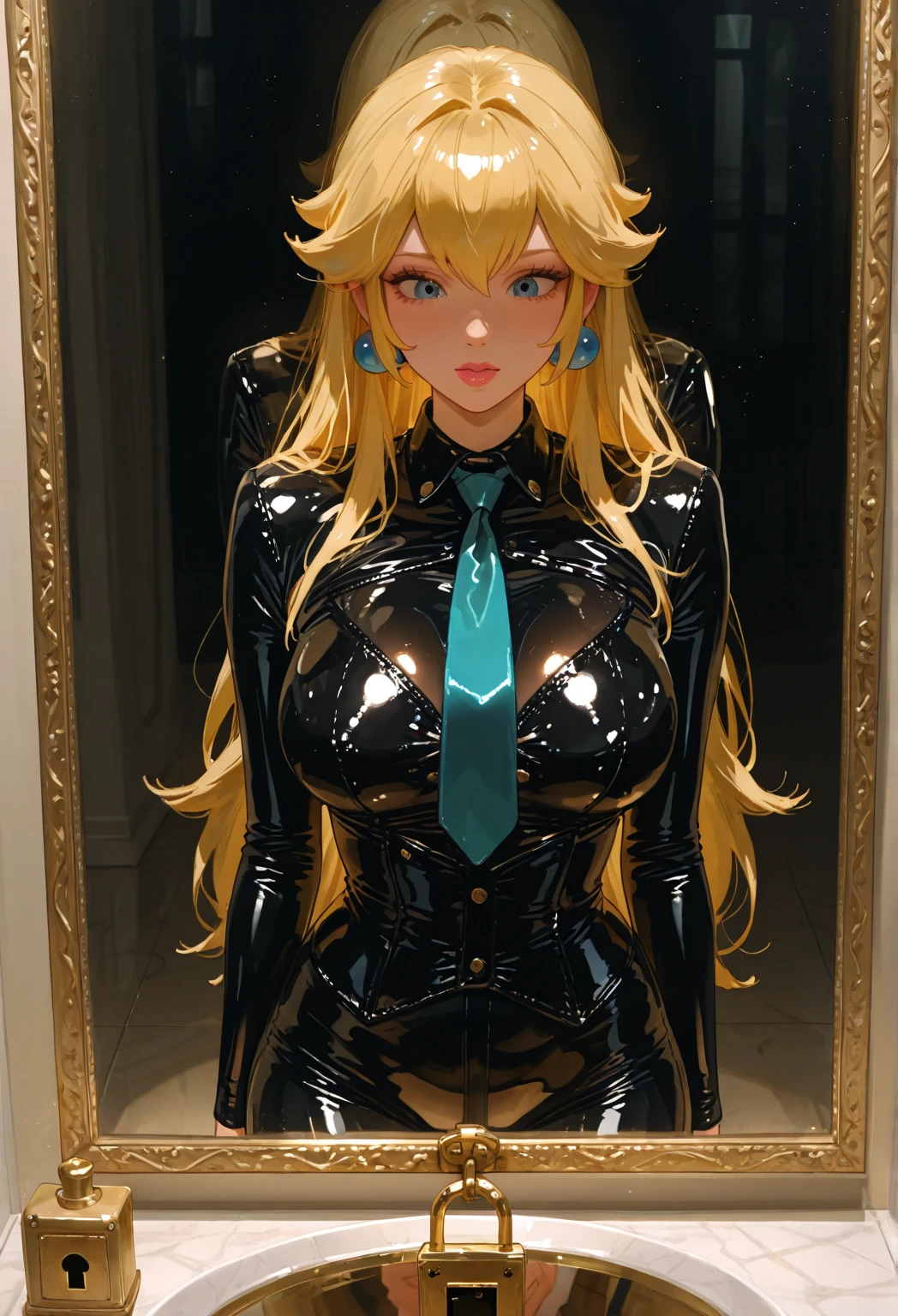 Erotic Rosalina Tall Sexy Gold Rubber Suit Spy Gold Bodysuit Married Woman Black Background Dark Theme Evil Fallen Temptation Alluring Sexy Pose Chuckling