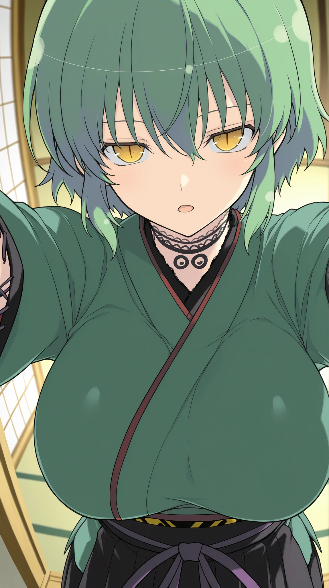 hikage,senran kagura
High quality , best quality , masterpiece, High Resolution , detailed face( LoRA: hikage),anatomically correct, detailed hair Style( LoRA: hikage),anime Coloring
solo, 1 girl,cool woman
, green hair, Medium short hair, bob cut ,slit pupils, yellow eyes, large breasts
green kimono,black hakama,, Japanese clothes
looking at viewer ,close up, upper body,from above
Japanese-style room, ,
,open mouth , Expressionless