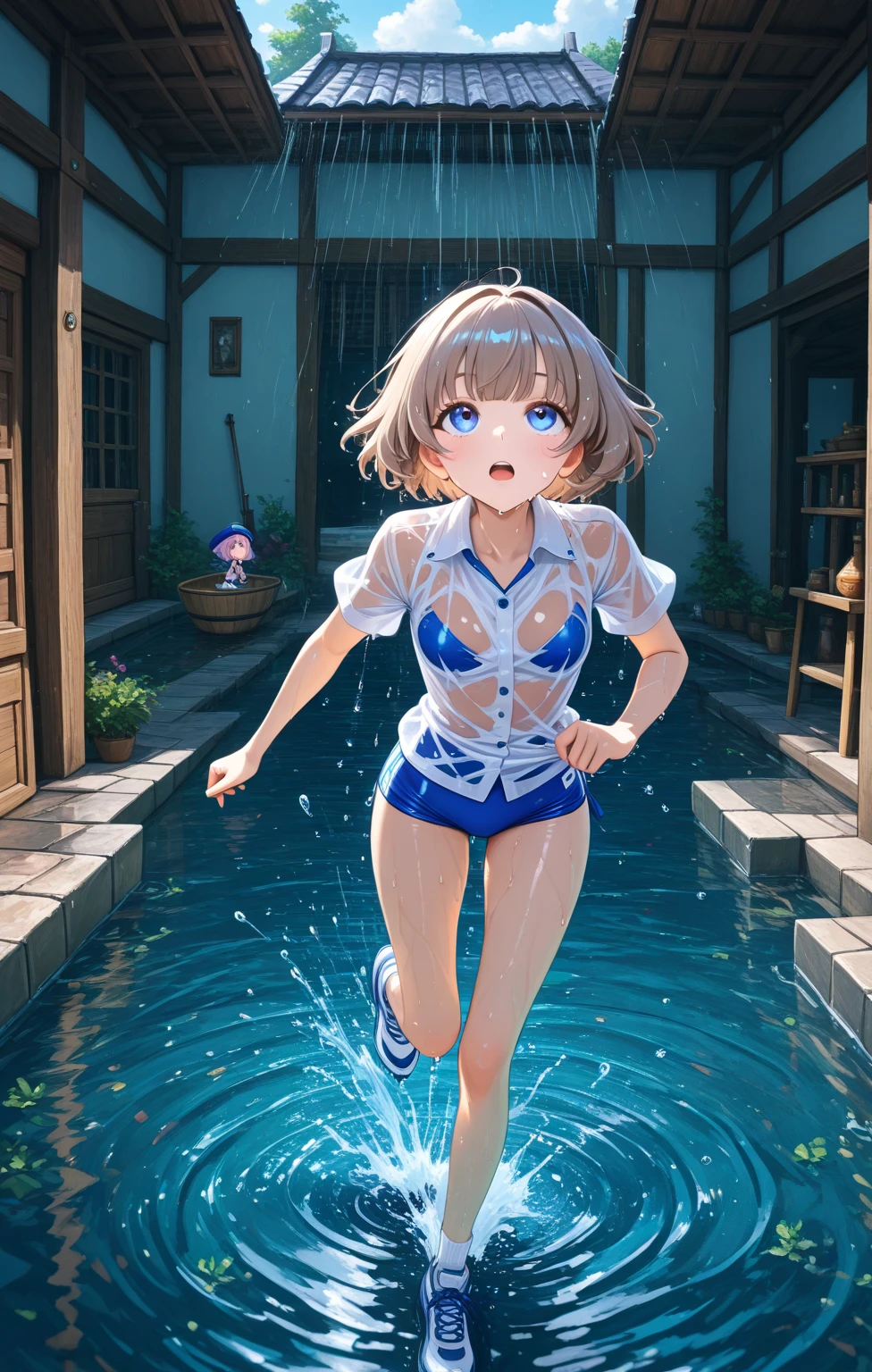 Magazine cover(masterpiece, best quality:1.2), girl,shy((Wet clothes))Short skirt,underwear,outdoor,rain(8K)(HD)
