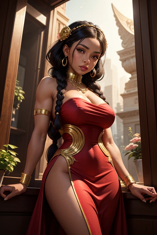 (Best Quality, highres, A highly detailed, Realistic:1.37), Beautiful eyes in honey color, Dark skin , Braided hair wrapped (medium-sized breasts),(nice thighs), short red evening dress (Lace fabric), Ultra-detailed hand painted, Harmonious with the background