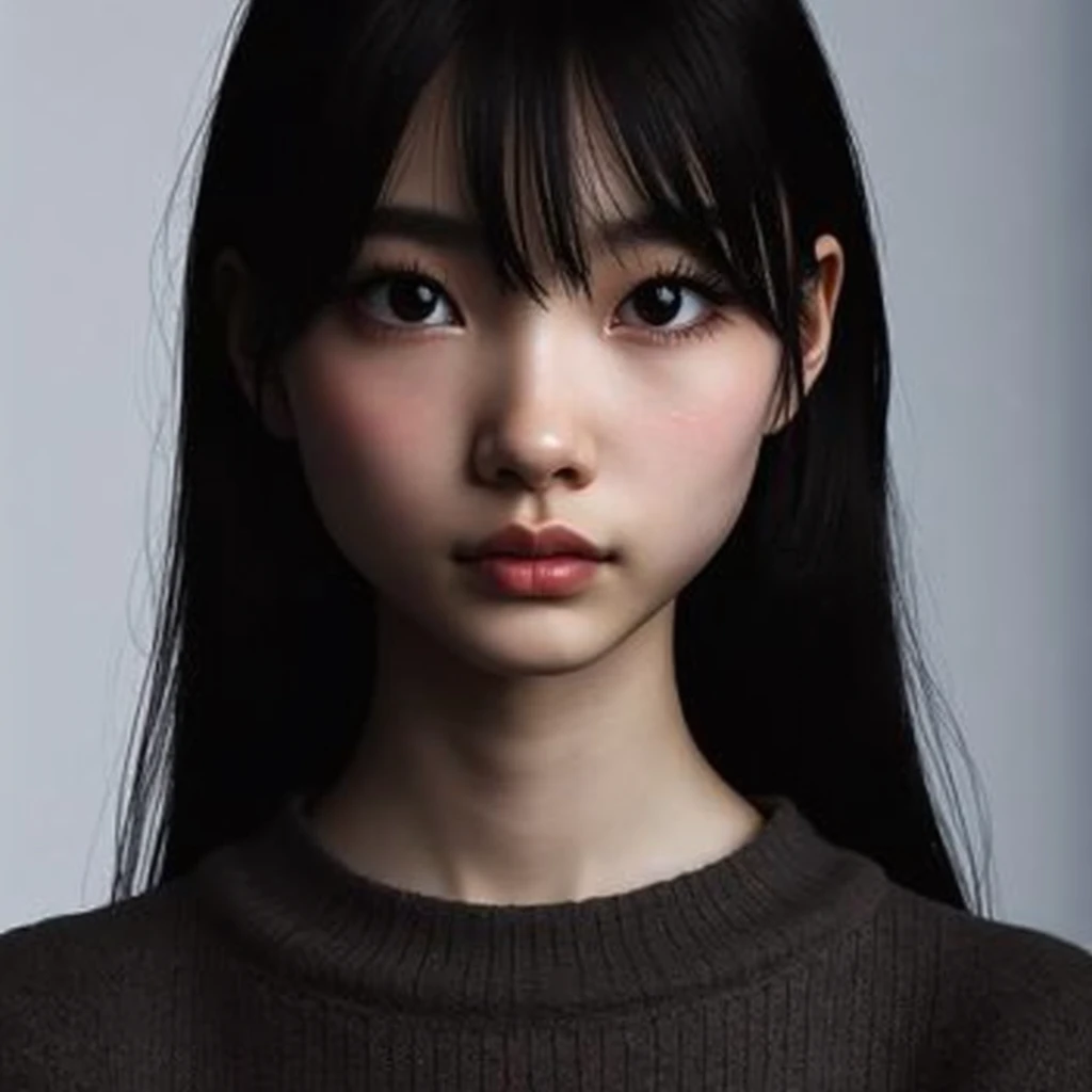 Make me an Asian with black hair, relaxed eyes, Lightly open mouth, calm look, with a background in a room, make it look like she's taking a selfie,