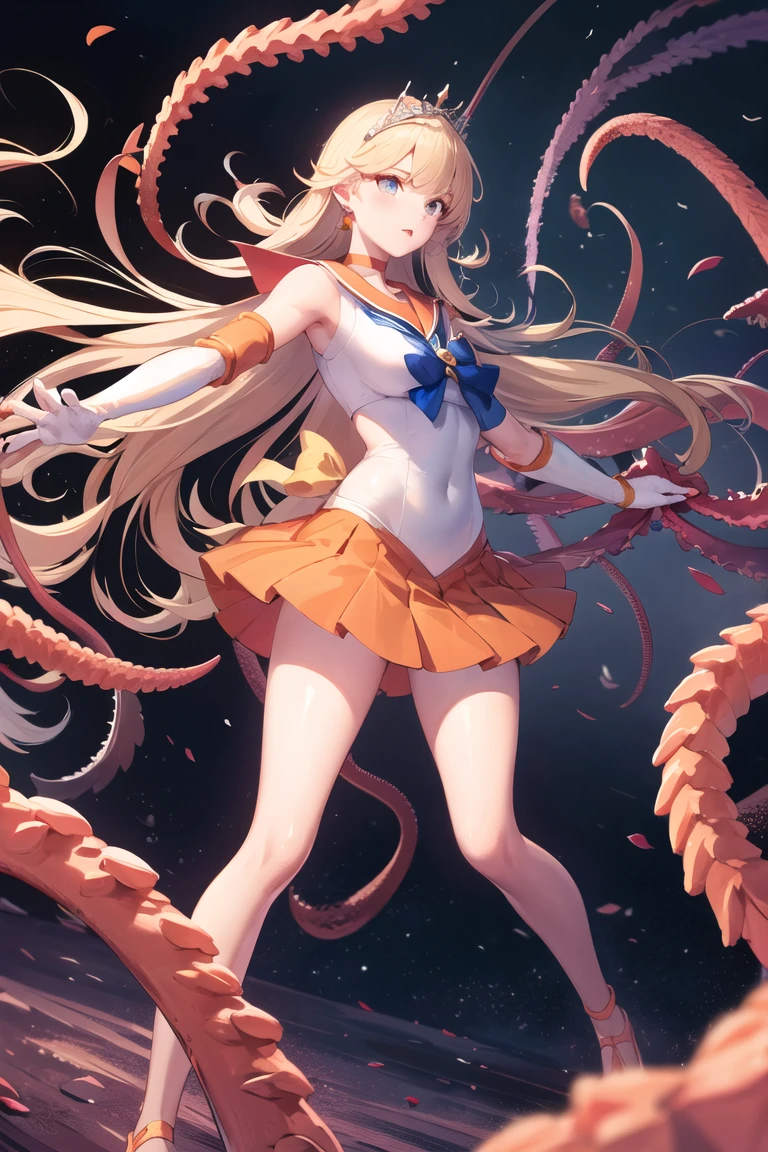 masterpiece, highest quality, High resolution, Hmm., Twin tails, tiara, blue eyes, Long Hair, Ahoge, hair ornaments, Idol, dress, gloves, Are standing, Cowboy Shot, smile, Holding a microphone, Open your mouth, stage, Reaching out,R18,Tentacles,Tentacles拘束,Tentacles挿入,Naughty attack,Ecstasy,