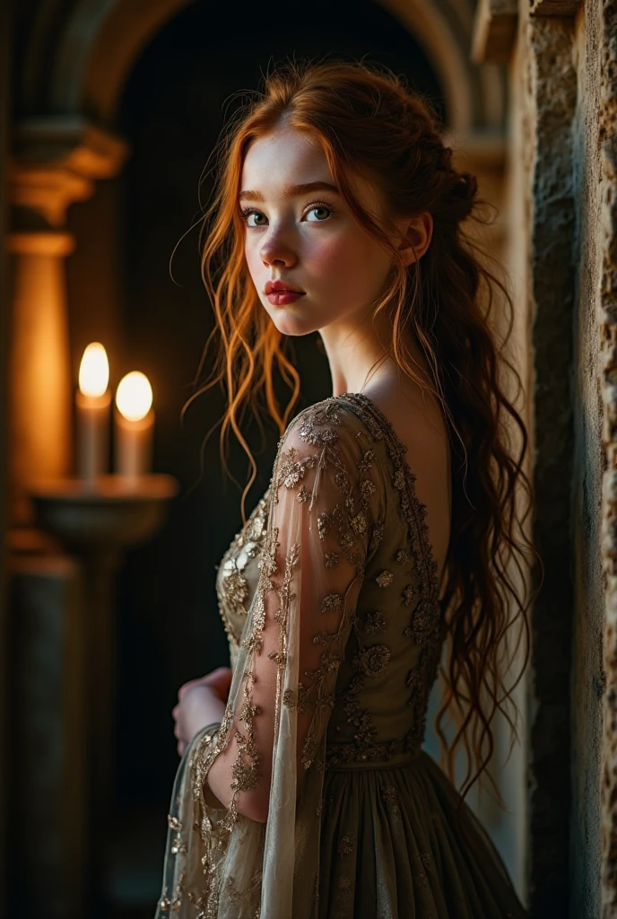A breathtaking, full-bodied, elegantly seen red-haired woman from full length, wearing a short, flowing black dress adorned with intricate silver embroidery and delicate Celtic knot patterns. Her long, wavy hair cascades down her shoulders. The background is the Louvre museum in Paris. The scene has a charming, almost mystical quality reminiscent of classical painting styles, emphasizing beauty and nature in harmony.