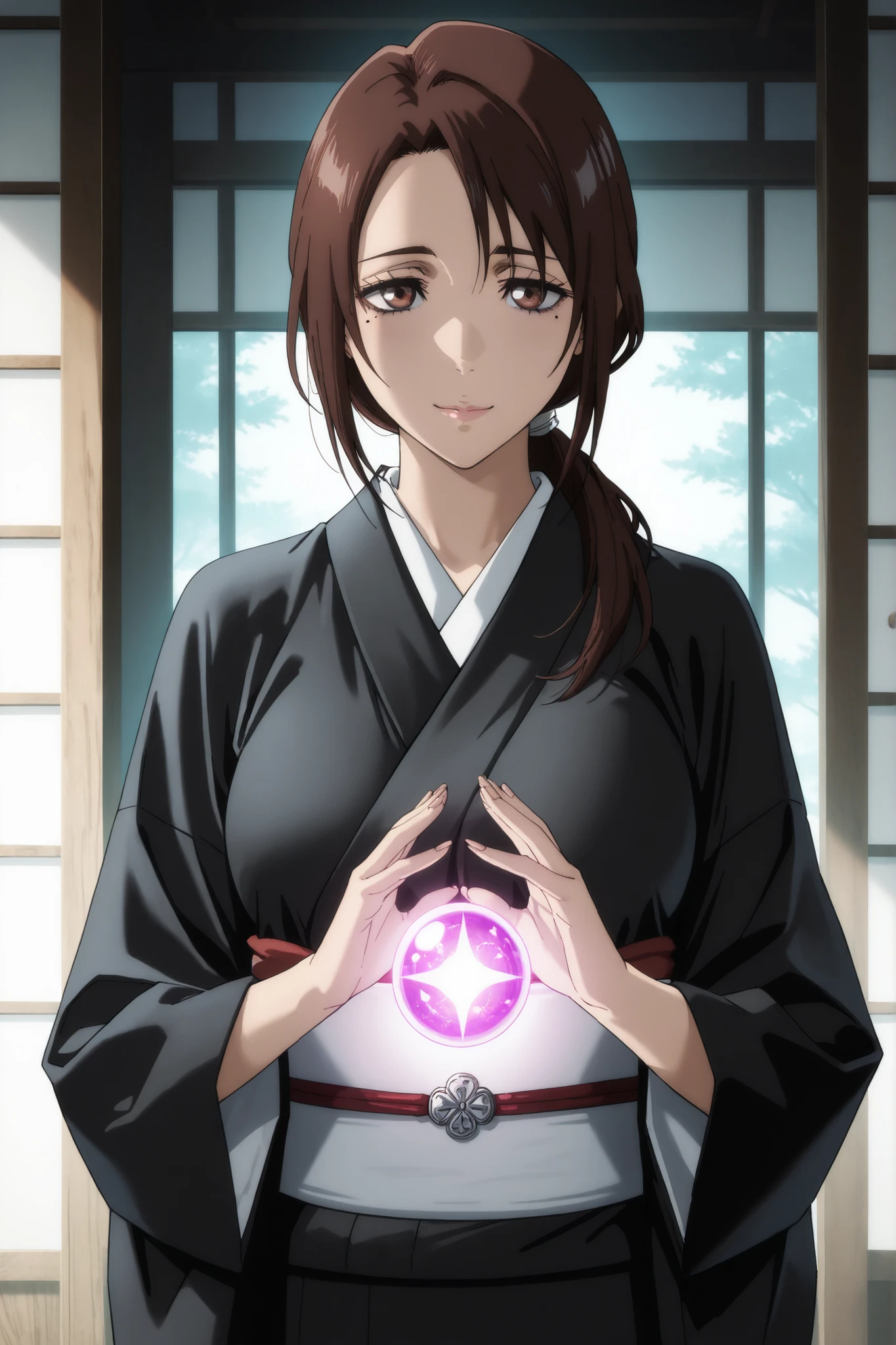 Masterpiece, ultra-detailed, semi-realistic style, cinematic lighting, soft shading, rich textures, 4K, HD, perfect lighting, perfect face, perfect hands, Bleach shinigami, healing-focused. ((Cowboy shot)), Shoko Ieiri reimagined as an officer of the 4th Division. Short dark brown hair, calm amber eyes radiating intelligence and composure. Slim, ((wearing a black shinigami kimono with silver accents)). Confident and serene stance, holding a glowing healing orb. Surrounded by soft light and streaks of healing energy, exuding a soothing aura. Seireitei backdrop with medic tents in the distance. Best quality, realism, score_9_up, ((solo)), (((mature and composed expression))), ((healing energy)), (shoko eiri), (mole under eye), ((bags under eye)), medium breast, (((black kimono)), ((japanese clothes)), 2D semi-realistic aesthetic