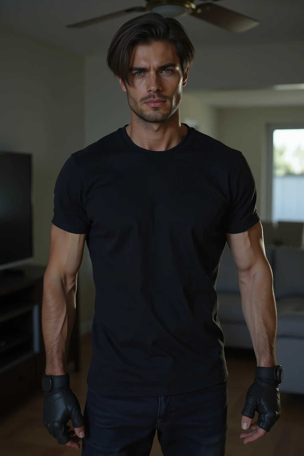 Realistic image of a man with short, brown hair, wearing a white t-shirt, eyes closed, walking, mouth ajar, with nothing in his hands, in a night office, night buildings in the landscape through the window, fit strong body, big mussels