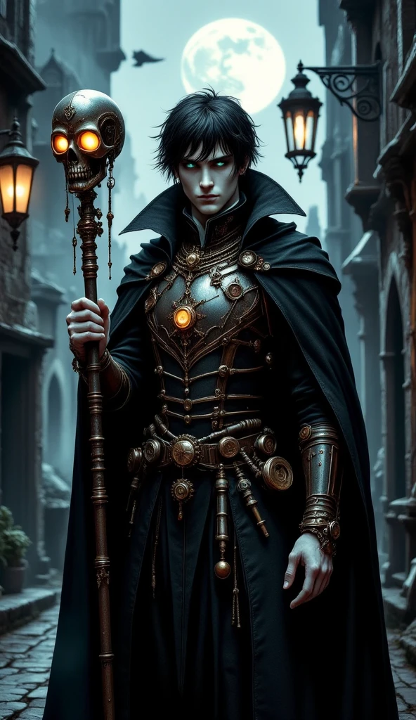 Subject: An alien vampire zombie steampunk robot with a face-on portrait perspective. Artistic Style: A fusion of sci-fi, gothic, and steampunk aesthetics, blending futuristic technology with Victorian-era machinery and supernatural elements. Camera Setting: Face-on portrait perspective to capture the detailed features and expression of the character. Description: The character should have a striking and otherworldly appearance, combining elements of alien, vampire, zombie, and robot characteristics. The alien features could include exotic skin textures, unusual facial proportions, and distinctively shaped eyes or appendages. Incorporate vampire traits such as sharp fangs, pale skin, and a mysterious aura, suggesting a creature of the night. Include zombie elements such as decaying flesh, exposed mechanical components, or cybernetic implants integrated into the body. The steampunk influence should be evident in the character's attire and accessories, with brass gears, clockwork mechanisms, and Victorian-era clothing fused with futuristic elements. Emphasize the character's robotic nature with metallic limbs, mechanical joints, glowing circuitry, and integrated steam-powered technology. Focus on capturing the character's expression, whether it's an eerie grin, a menacing glare, or a stoic demeanor, conveying its unique blend of sci-fi horror and steampunk mystique.Subject: An alien vampire zombie steampunk robot with a face-on portrait perspective. Artistic Style: A fusion of sci-fi, gothic, and steampunk aesthetics, blending futuristic technology with Victorian-era machinery and supernatural elements. Camera Setting: Face-on portrait perspective to capture the detailed features and expression of the character. Description: The character should have a striking and otherworldly appearance, combining elements of alien, vampire, zombie, and robot characteristics. The alien features could include exotic skin textures, unusual facial proportions, and distinctively shaped