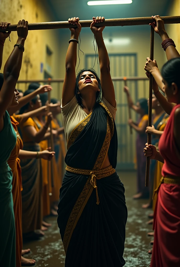 India girl, short hair, no blouse, light green saree, transparent, back pose, hands in the air, standing before 5 strong black men with white beards and a white cap