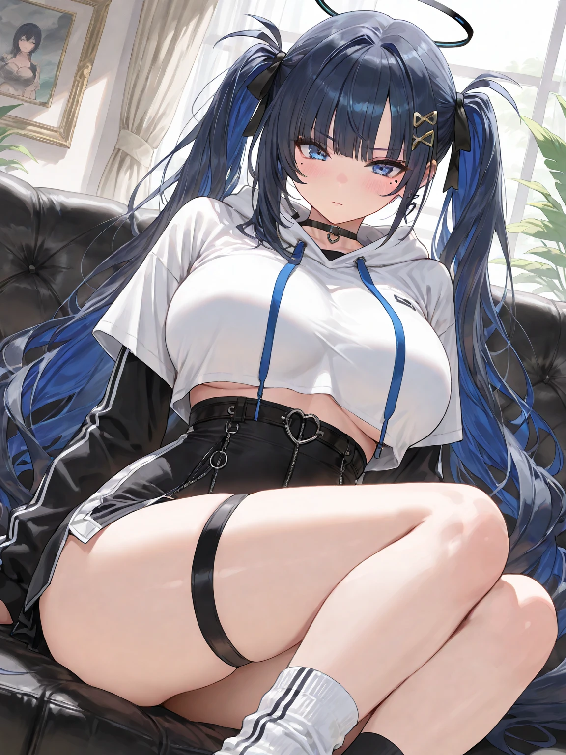 ((mejor calidad)), ((Obra maestra)), (detallado), cara perfecta Chica hot, pechos grandes, muslos grandes, falda negra, camisa negra manga larga, ojos rojos cabello blanco