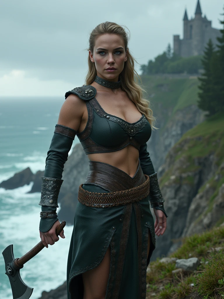 Masterpiece, a beautiful Viking woman, ((Marilyn Monroe:Michelle Pfeiffer:0.5)), (leather Viking armor), (medium breasts), (perfect body), (blonde matted hair), (short hairstyle), outside, dirty, (skin texture:1.1), best quality, ultra high res, Raw photo, Nikon D850, backlight, rimlight, bright sunlight, film grain:1.2, (warm hue, warm tone:1.2), (color photo), fantasy Viking longboat background
