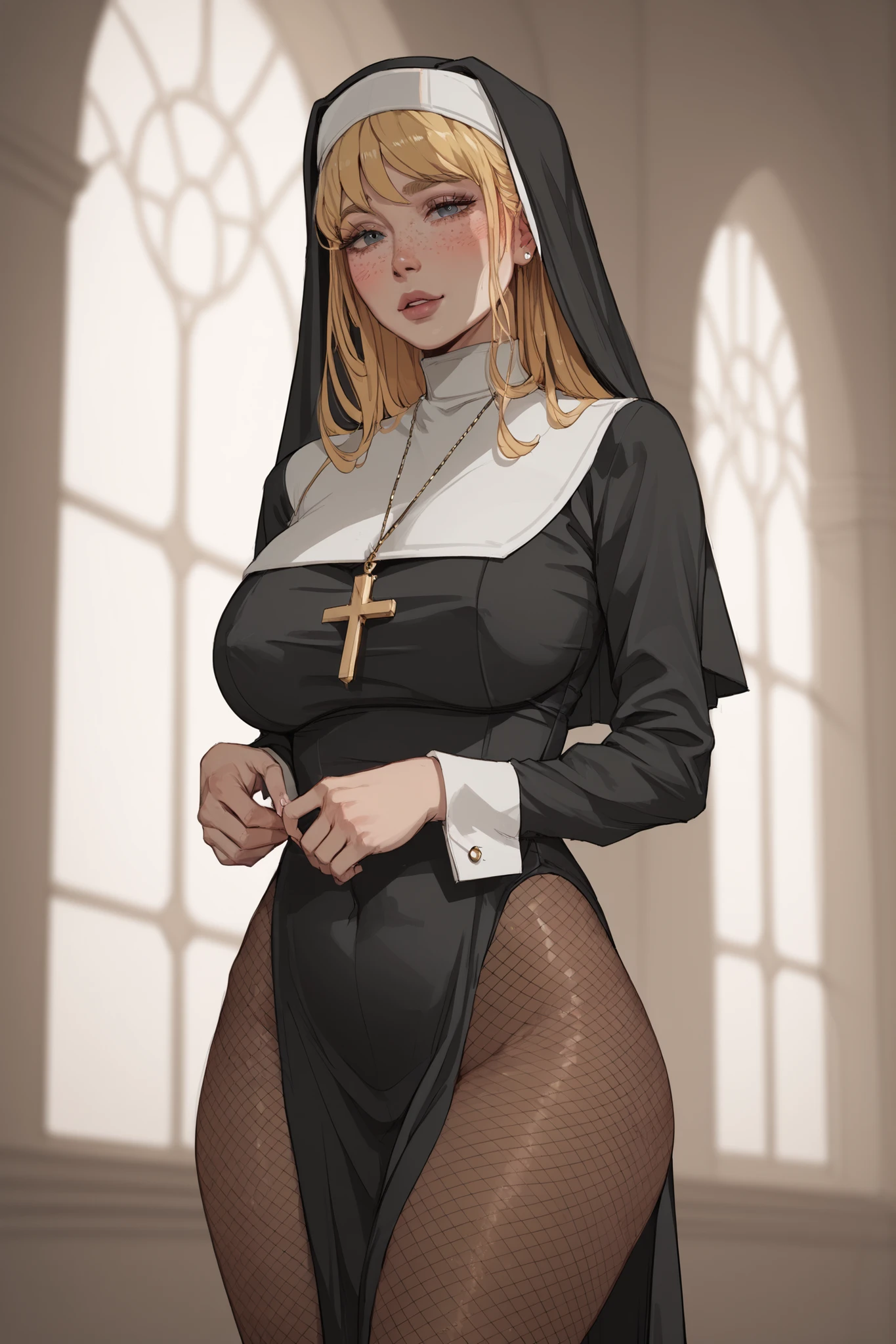 a beautiful nun, blonde hair, voluptuous, freckles, blush lines, fishnet pantyhose