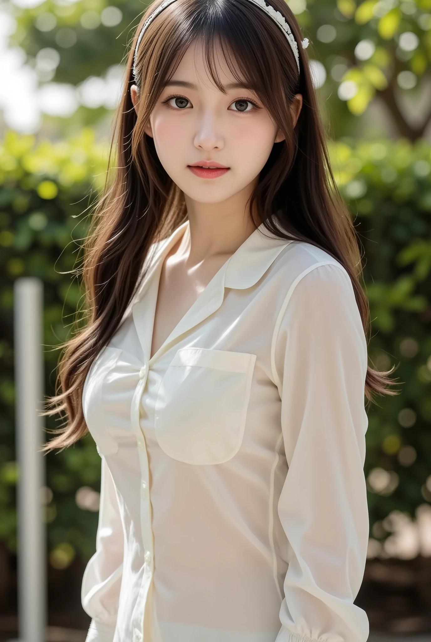 (RAW Photos), (Realistic), (masterpiece), (highest quality), High resolution, 8k, (Intricate details), (Volumetric Light), Portraiture, woman, Age 25, Medium Hair, Straight hair, Mid-chest, Layered Hair, Brown Hair, Very beautiful eyes, Source order, Very thin eyebrows, Very fine skin, Very beautiful mouth, Very nice nose, Cute like an idol, smile, (Thick lips), (Looking at the audience), (See-through pearl white collar dress shirt), Above the knee shot