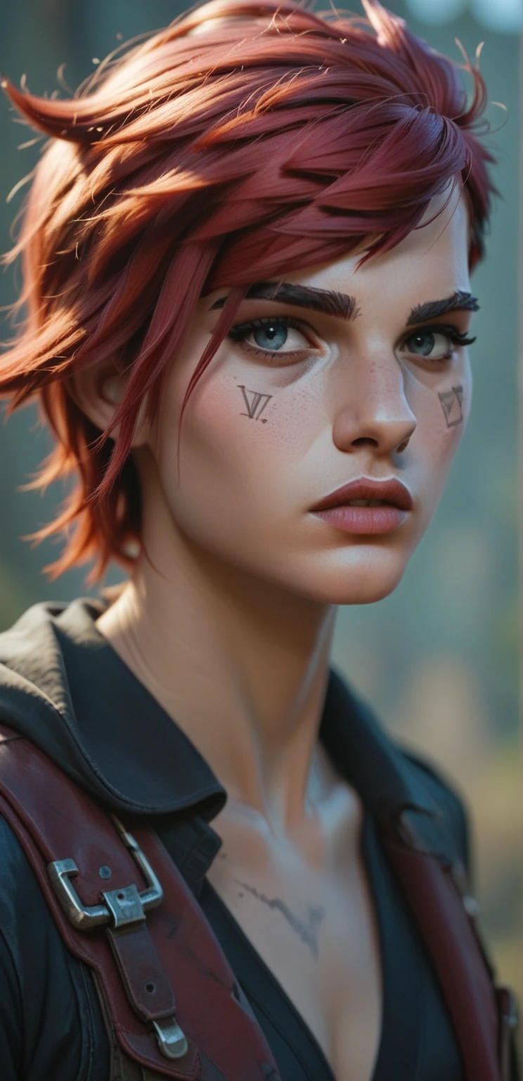 Create an ultra-detailed close-up portrait in 8K resolution of Sakura Haruno from the Naruto series, capturing her determination and strength with exceptional clarity and detail. The portrait should emphasize her iconic features: her short, pink hair, large green eyes filled with resolve, and a confident yet caring expression that reflects her growth as a ninja and healer. Sakura should be depicted in her classic ninja attire, detailed to showcase the textures and designs of her outfit, including her red top with the Uzumaki clan symbol, black gloves, and ninja headband with the Konoha symbol. Her attire should convey both practicality and the elegance of her character, reflecting her dual role as a fighter and a medical ninja. The background can include elements of the Hidden Leaf Village, such as the Hokage Monument, lush trees, or subtle references to her training grounds. Dynamic lighting should highlight the contours of her face and the details of her clothing, creating a sense of vibrancy and energy. This portrait aims to capture Sakura's essence as a dedicated and powerful kunoichi, showcasing her presence and character with striking detail and emotional depth, portrayed in the highest quality resolution.