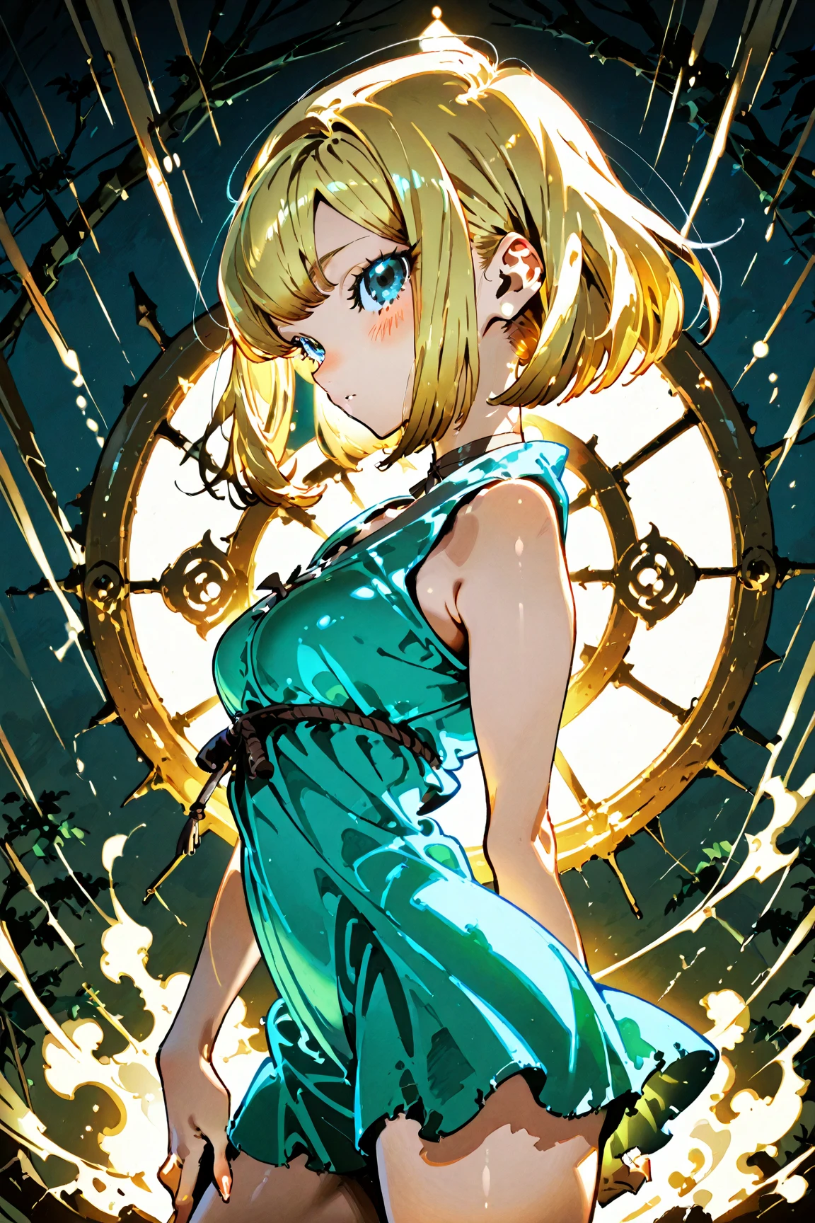 (best quality, high definition, masterpiece:1.2, illustration,), 1girl, upper body, standing, blonde hair, looking at viewer, eyepatch, wedding dress, closed mouth, (ulzzang-6500-v1.1:0.8), <lora:Othinus:1>