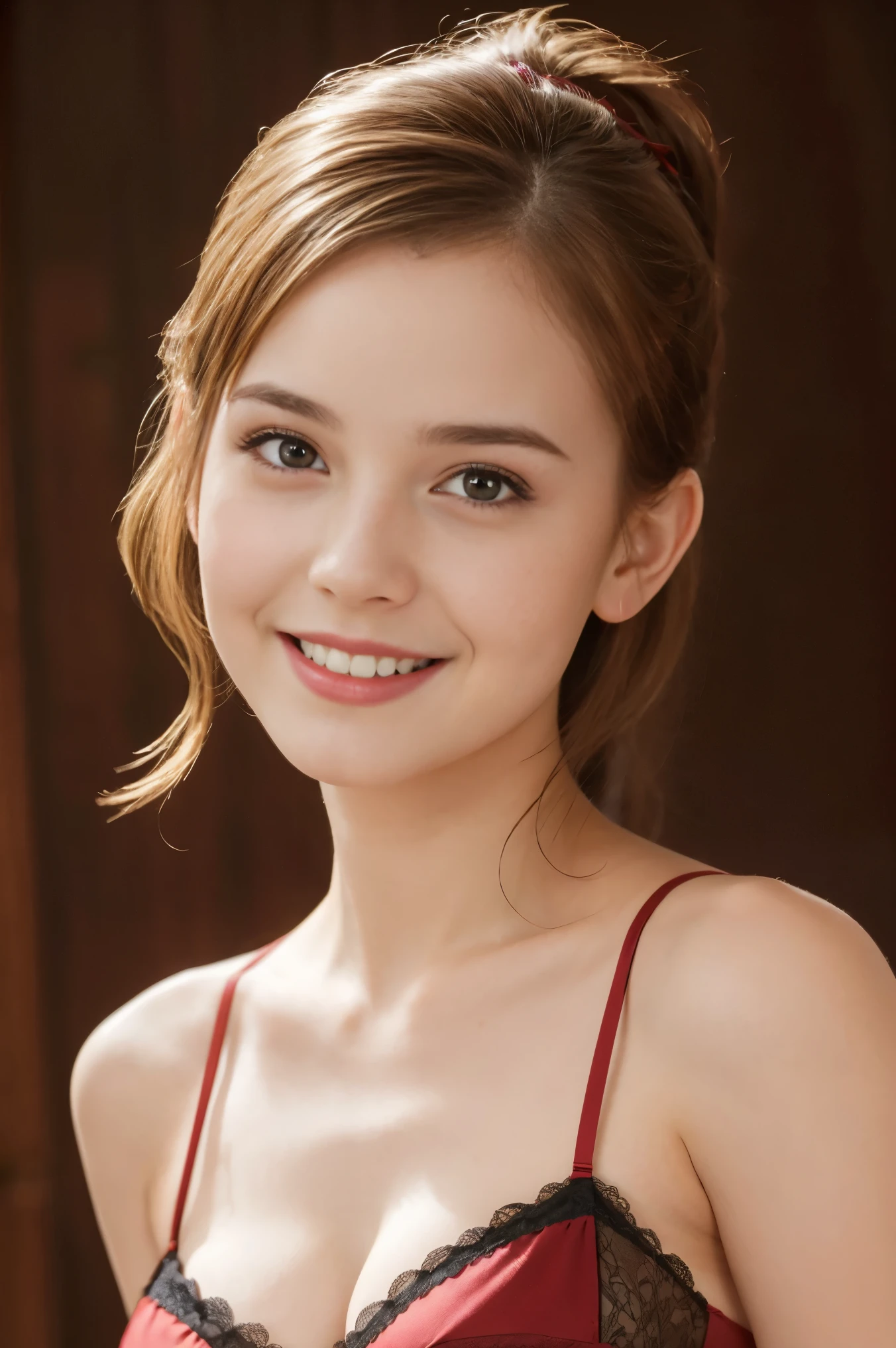 1 pretty girl,white skinned,brown hair,looking at viewer, beautiful small chest, France, pony tail, happy smile, sports, riding, pulling, dynamic, roses, in love, joyful, singing, coconut, artist, aesthetic, tapping, lavender, sexy pose red lingerie, Victoria's secret, queen