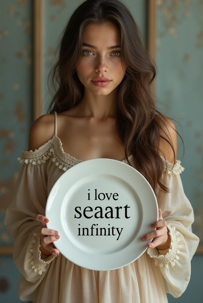 Beautiful girl with wavy long hair, bohemian dress, holding a white board with text "I Love Seaart Infinity" and showing it to the viewer