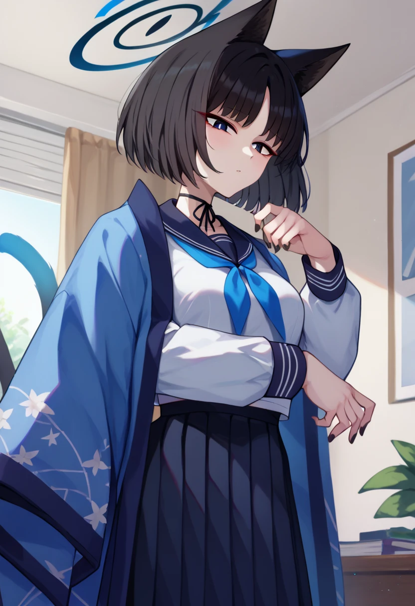 Girls under 6 years old, kimono, small breasts, patterned cotton panties, black tights, fabric realistic, black hair, no jacket