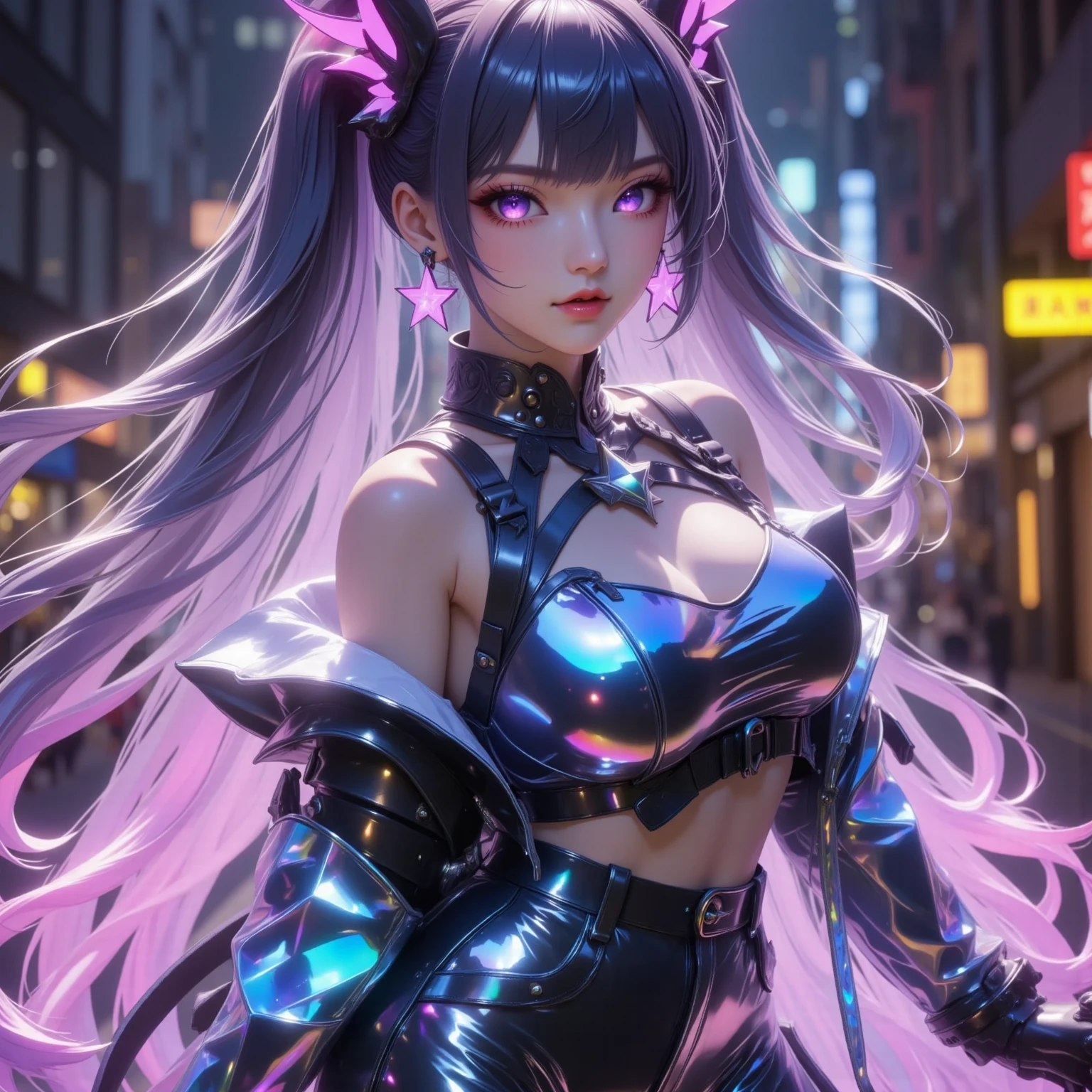 komi shouko, (komi shouko wearing a k/da all out ahri cosplay), ahri \(league of legends\), league of legends, 1girl, k/da (league of legends), animal ears, solo, fox ears, long hair, purple hair, hand on hip, purple eyes, idol, facial mark, looking at viewer, gloves, pink hair, fingerless gloves, whisker markings, breasts, makeup, lips, skirt, hair ornament, perfect lighting, near a well-detailed black car, on a track in a large city at night, HDR, ultra resolution , very detailed, masterpiece, ultra quality, 4K HD