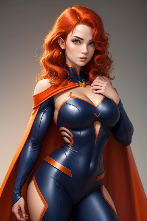 score_9, score_8_up, score_7_up, score_6_up, score_5_up, score_4_up, Sexy, Superheroine, Red hair, long hair, busty, ((blue highleg leotard with a t-back thong and a gold star insignia on chest)), gold boots, gold gloves