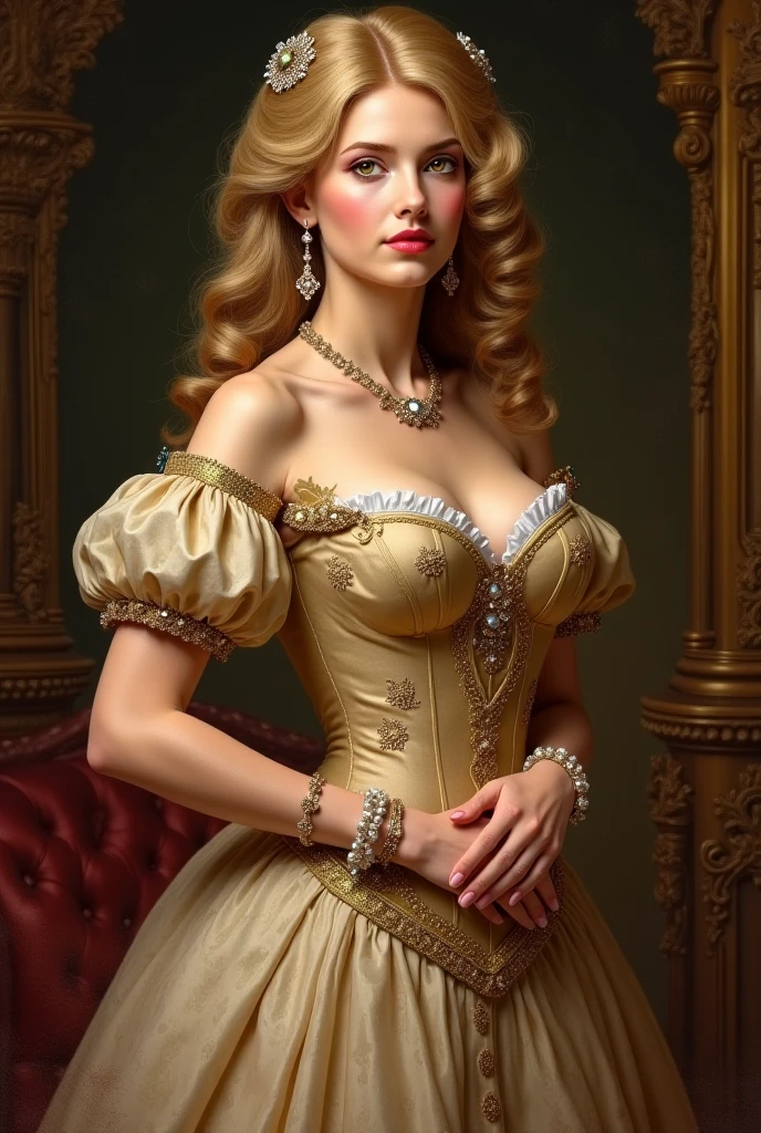 masterpiece, best quality, expressive eyes, perfect face, 1 girl, big eyes, looking at viewer, large breast, big breast, bigger breast, small waist, smooth skin, mouth half open, Best Quality, Realistic, portrait, perfect figure, highly detailed, with earrings, two legs, two arms, wearing earrings, big , princess clothes, wearing a tiara, in a castle, high ceiling room, red and gold gown, showing cleavage, long dress, areola visible,  exposed, showing breasts, long blonde wavy hair