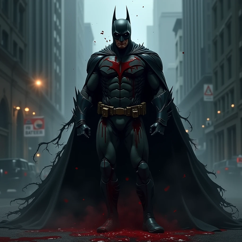 draw the Batman in an action scene with a lot of blood on his hands and mouth, blood on the ground because the scene is of Batman fighting several Cyberpunks at the behest of the villain Penguin, 64k,
