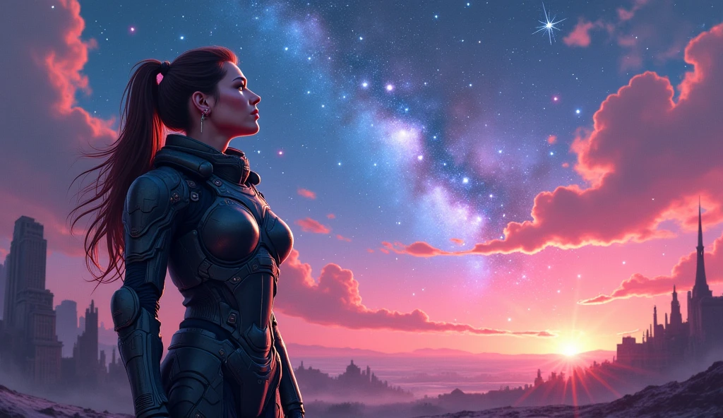 a woman sitting on a chair in front of a large window with a view of a fiery red and blue star, Eve Ryder, mass effect, concept art, space art, epic sci-fi artwork, looking out of the window <lora:epiCRealismHelper:1> <lora:SDXLrender_v1.0:0.6> <lora:popular:1>