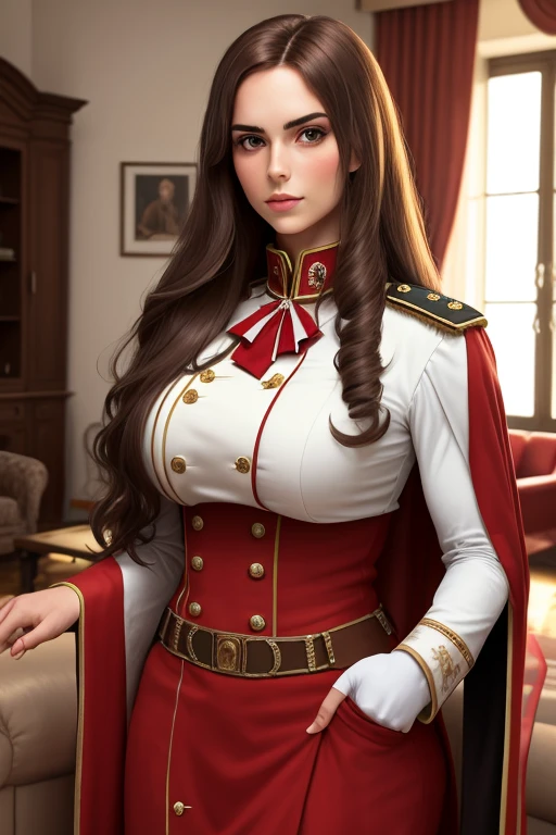 Cinematic scene,Fantasy Art,Highest image quality,hyperrealistic portrait,(8K),Ultra-realistic,Best Quality,High quality,High Definition,high quality texture,high detailing,Beautiful detailed,fine detailed,extremely details CG,Detailed texture,realistic representation of face,masutepiece,presence,Dynamic,Bold,1gir,Ultra detailed skin,Curve,Petite,Beautiful breasts,Large breasts,pale skin,pointed breast,Erect nipples,(super thin hair),(ultra soft hair),(ultra straight hair),Swept long bangs,very light coppery amber hair,Hair over one eye,(Clothed:1.5),Military uniform,soldier,Stockings with seams