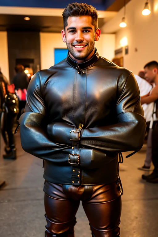 Young , handsome face, detailed face, blue-gray eyes, mischievous smile, goatee, muscular body, thick thighs, giant ass, hairy chest, disproportionate huge pecs, huge pecs, big bulge. He wears a black punk jacket without a blouse, black leather pants, a chain around the neck, and combat boots.