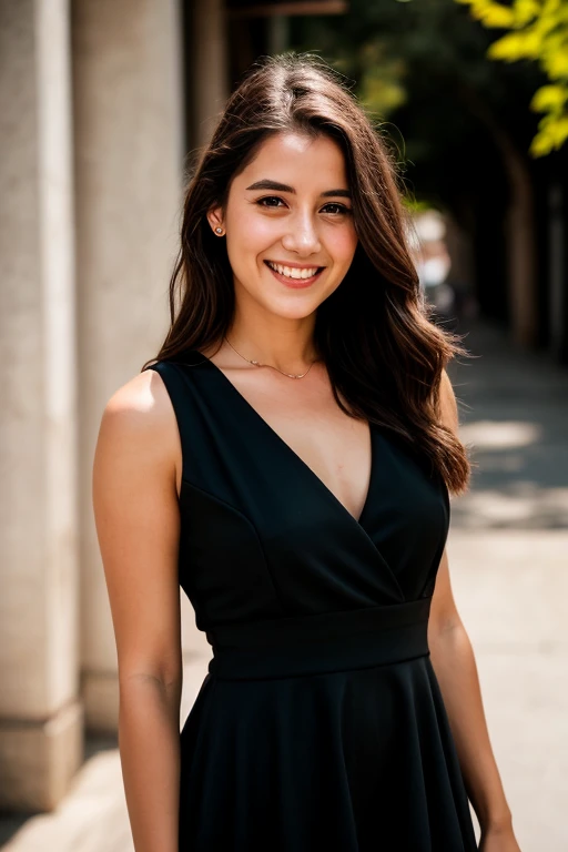 original photo, 26 year old beautiful face portrait photo.oh，woman, cute face, huge ，Wearing a black dress, smiley face, Hard shadows, lens, dramatic lighting