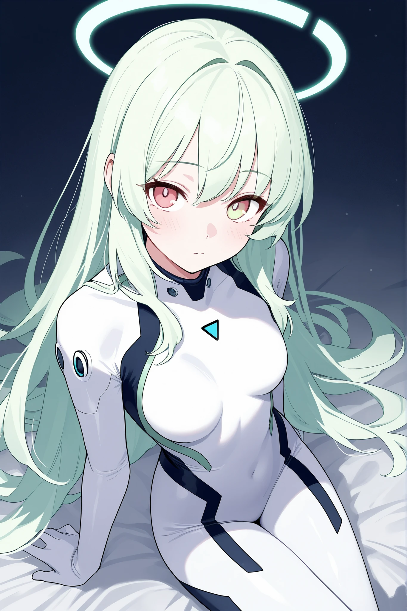 bodysuit, light green hair, light Red eyes, masterpiece, finely_detailed, halo