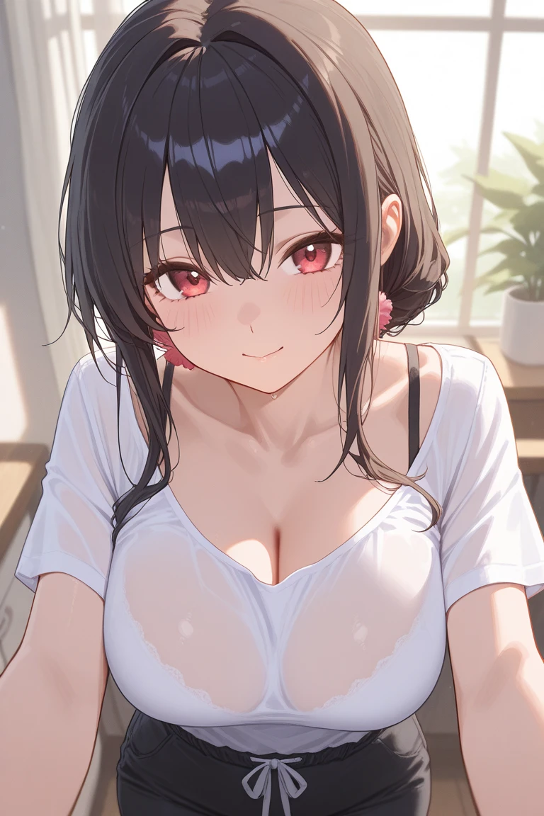 masterpiece、Highest quality、Ultra-high resolution、Medium breasted girl、red and large eyes,、Black short hair、The hair inside is colored、Excited face、Please open your mouth a little、Sex-inviting pose、See-through white T-shirt