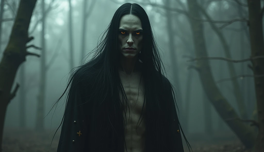 Create a male character with long black hair and a body covered in white streaks and red eyes.
