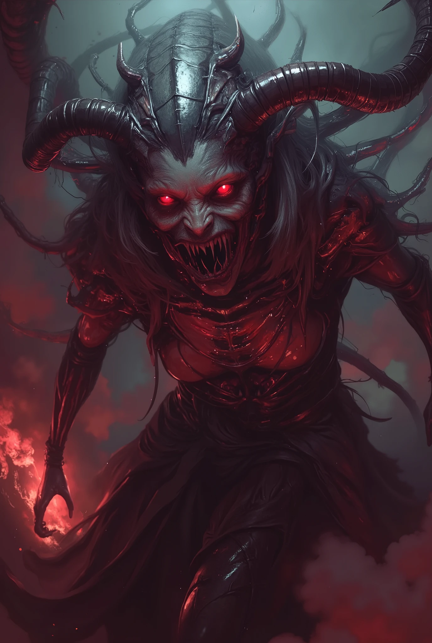 Terrible Devil, scary female Beelzebub, (Queen of Flies:1.5),high quality,realistic 3D, horror art, Magician,daemon,dark vibe,red and black colors, extremely detailed, masterpiece,4K realistic with lots of detail,photorealistic,Extreme Detailed Expression,professional,vivid colors, neon colored Bokeh, (Best Quality, 4K, 8k, High Resolution, Masterpiece: 1.2), (Super Detailed, realistic, photorealistic:1.37),