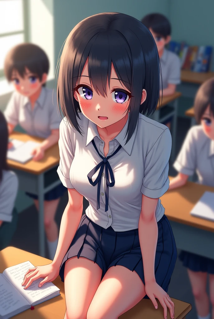 ((masterpiece,Highest quality:1.3,best quality illustration)),cowboy shot,独奏,1woman,18 year old beauty、black hair,short bob hair,bangs,black eyes,(gorgeous big eyes),((very small head:1.3)),sad,tears,((skinny:1.2)),((tan skin:1.4)),small breasts,(School student uniform、Short sleeve collared shirt、Blue ribbon tie、Blue mini skirt),gleaming skin,oily skin,slender body,sweat,standing,classroom、School、Tokyo、BDSM,nsfw,
