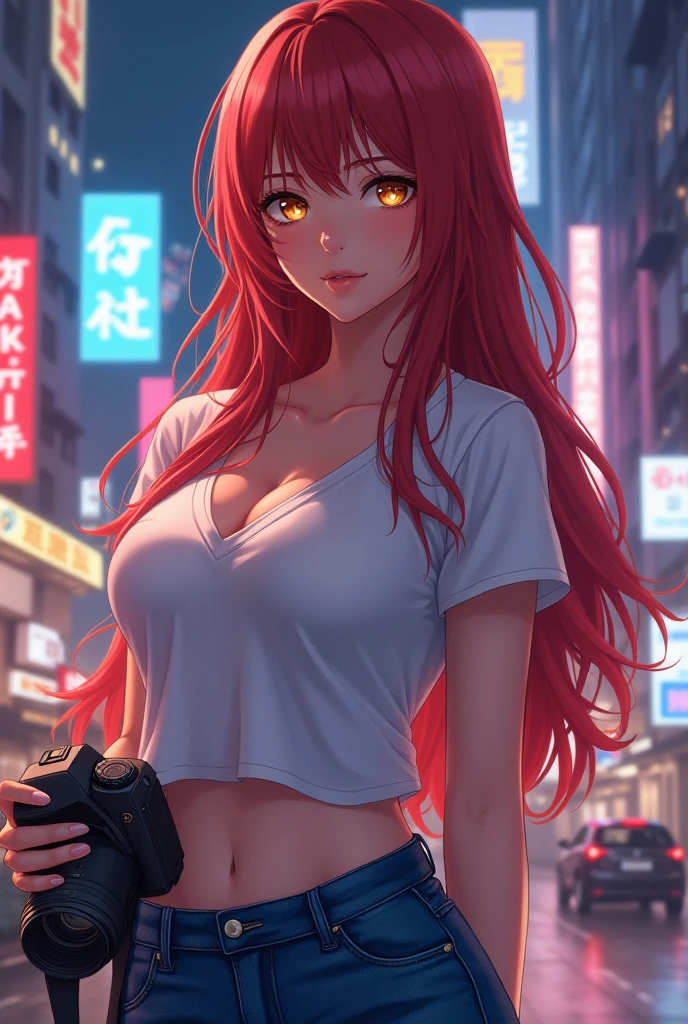a busty girl with long dark red hair in a ponytail, dark blue eyes, wearing a ripped anime-style school girl uniform, almost showing her nipple through her ripped bra, realistic, highly detailed, 8k, ultra-detailed, photorealistic, photo-realistic, extreme detail description, physically-based rendering, masterpiece, vivid colors