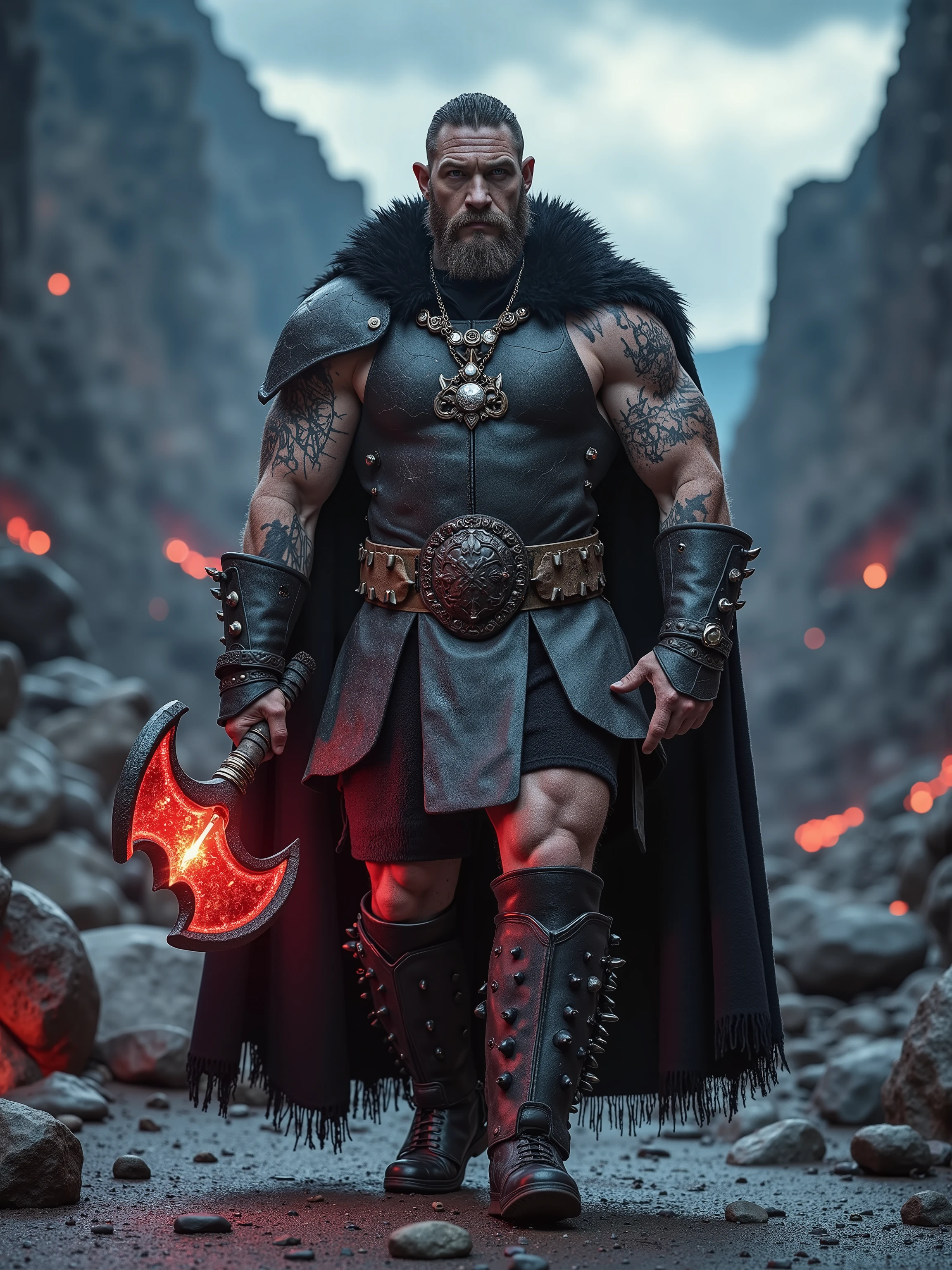 Tom Hardy reimagined as a majestic emperor of Kolossia walking and holding a two-handed battle axe forged from storm metal and embedded with red glowing crystal, 1 male, full body, extremely muscular, rugged and powerful, weathered stone-like skin tone, short dark beard and battle-scarred face, deep-set steel-blue eyes, Clothing: ancient giant-king armor made of iron slabs, bone, and cracked stone textures, layered with a cape made of thick black wolf fur, leather belt with embedded giant teeth, iron boots with spikes, In his hands he holds a two-handed battle axe forged from storm metal and embedded with red glowing crystal, shows his male character’s full figure, athletic body, perfect face, full body, extremely beautiful, god, male shape, perfect anatomy, the background showcases vast storm-lit cliffs, colossal stairs carved into the mountains, lava rivers glowing beneath stone bridges, and a sky filled with thunder, luxury and appropriate to Kolossia civilization, photorealistic, masterpiece, realistic, high contrast, 8k, HD, high definition detailed, hyper detailed, realistic skin texture, best quality, ultra high resolution, hyper realistic, no text, very detailed eyes, dramatic lighting