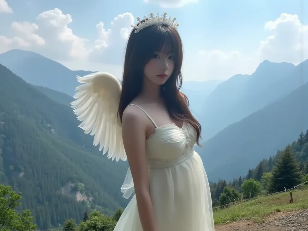 from below,full body,floating,angel,10 years old girl,very long black hair,