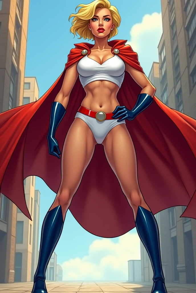White girl, short blonde hair, muscular build, large breasts, white one piece suit with sleeves, boob window, red cape, red and gold belt, blue gloves and boots, prideful pose