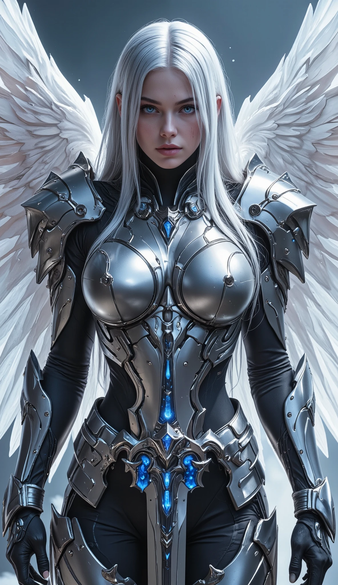 (realistic, Solo, 1girl wearing cyber armor, beautiful blue eyes, long silver hair, holographic crystal wings, (huge breasts: 1.3), (nude: 0.8) (simple glowing background:1.25), (holding giant sword in front of her, holding sword:1.3), masterpiece, best quality, high-angle, Hyperdetailed, masterpiece, best quality, 8k, natural lighting, diffused moonlight glow, sunlight, HDR (High Dynamic Range), Maximum Clarity And Sharpness, Multi-Layered Textures