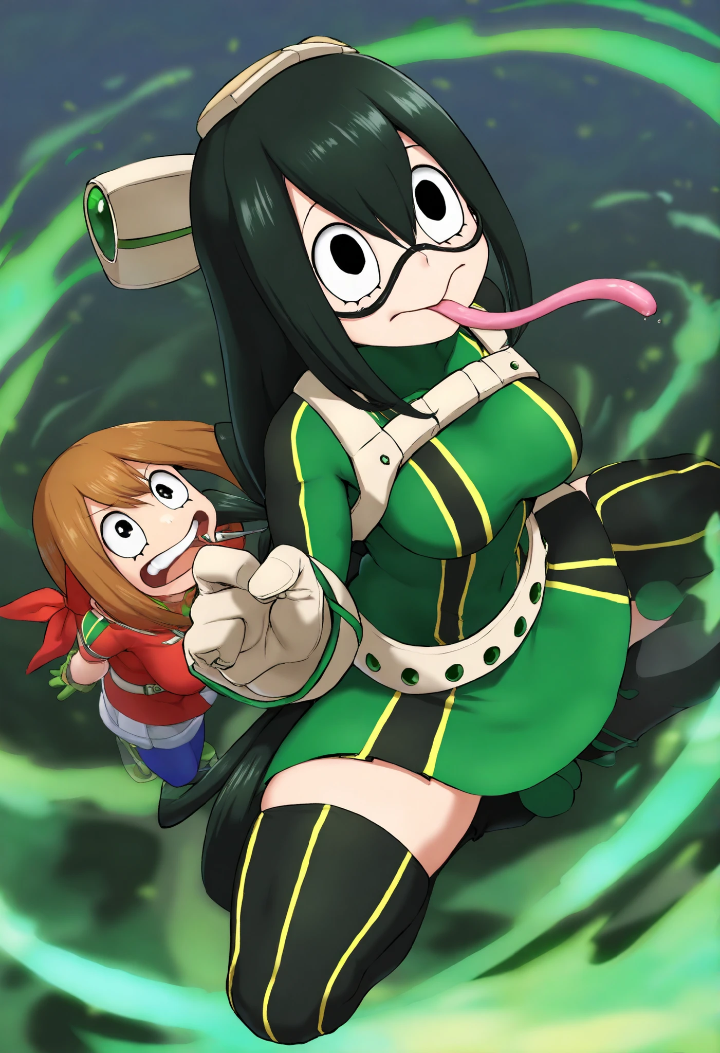 seguro_position, obra-prima, Best Quality, incredible quality, cinematic lighting, holographic colors , Colors Gradients , TAsui, 1 , Sozinha, focus, espesso, black eyes, asui tsuyu, black hair, May, My Hero Academy, medium breasts, shezfe, glasses, green May, long hair skirt, Mouth with tongue out, perky butt, round butt, rubor, de frente, looking at the spectator, full body , Thick thighs , spread her legs