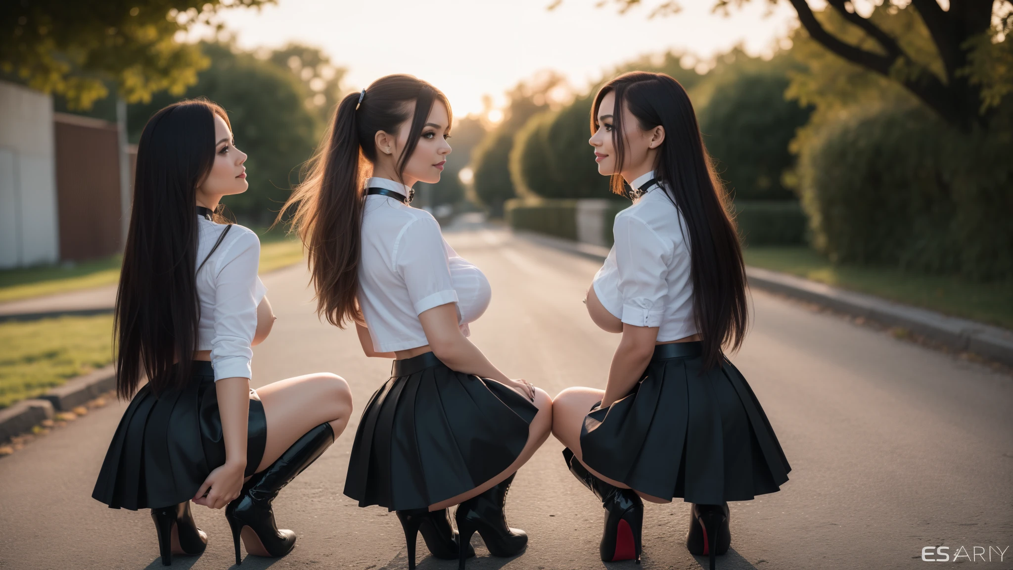three girls, masterpiece,best qualtiy,hdr, hyper HD, 8K,Bokeh,Ultra-fine painting,Sharp focus,Physically-based rendering,Extreme detail description,portraitures,full-body photo,back turned at viewer, (long bob_cut hair), Sexy smile, choker, (latex school girl uniform with micro skirt and open shirt:1.2), crouching, ankle boots with heels, (in sunset light:1.2), (kissing:1.3), perfect eyes, perfect hands, perfect body, perfect hair, (Big breasts:1.4), (EOS R8, 50 millimeters, F1.2, 8K, RAW photo:1.2), photograph by arny freytag