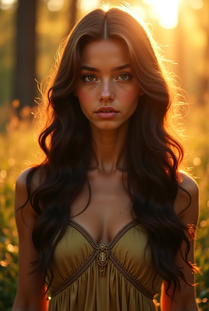 (Photorealism:1.2), beautiful girl, . She has long, shiny, shoulder-length curls and a flower crown.. Both cheeks are covered with hair. She is wearing a beautiful yellow, fluffy, soft, flared dress that is super intricate and super detailed.,Background is flowers and trees in the forest々It is very clear and beautiful,