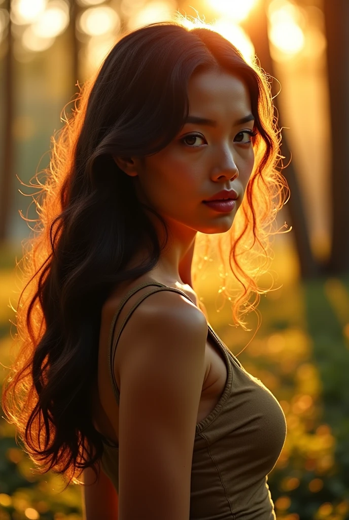 (top-quality、8k、masterpiece、UHD)、1girl in,Very beautiful 30 year old Japan woman、beautidful eyes、Bloodthirsty look、dark sky、the wind、Basking in the morning sun、Model body type、Show off your ass、Looks Back、Crimson fibers、 The shirt、Twisting the skirt、Dragon scales、thighs thighs thighs thighs、Looking at the camera、Focus on the eyes、bladerunner