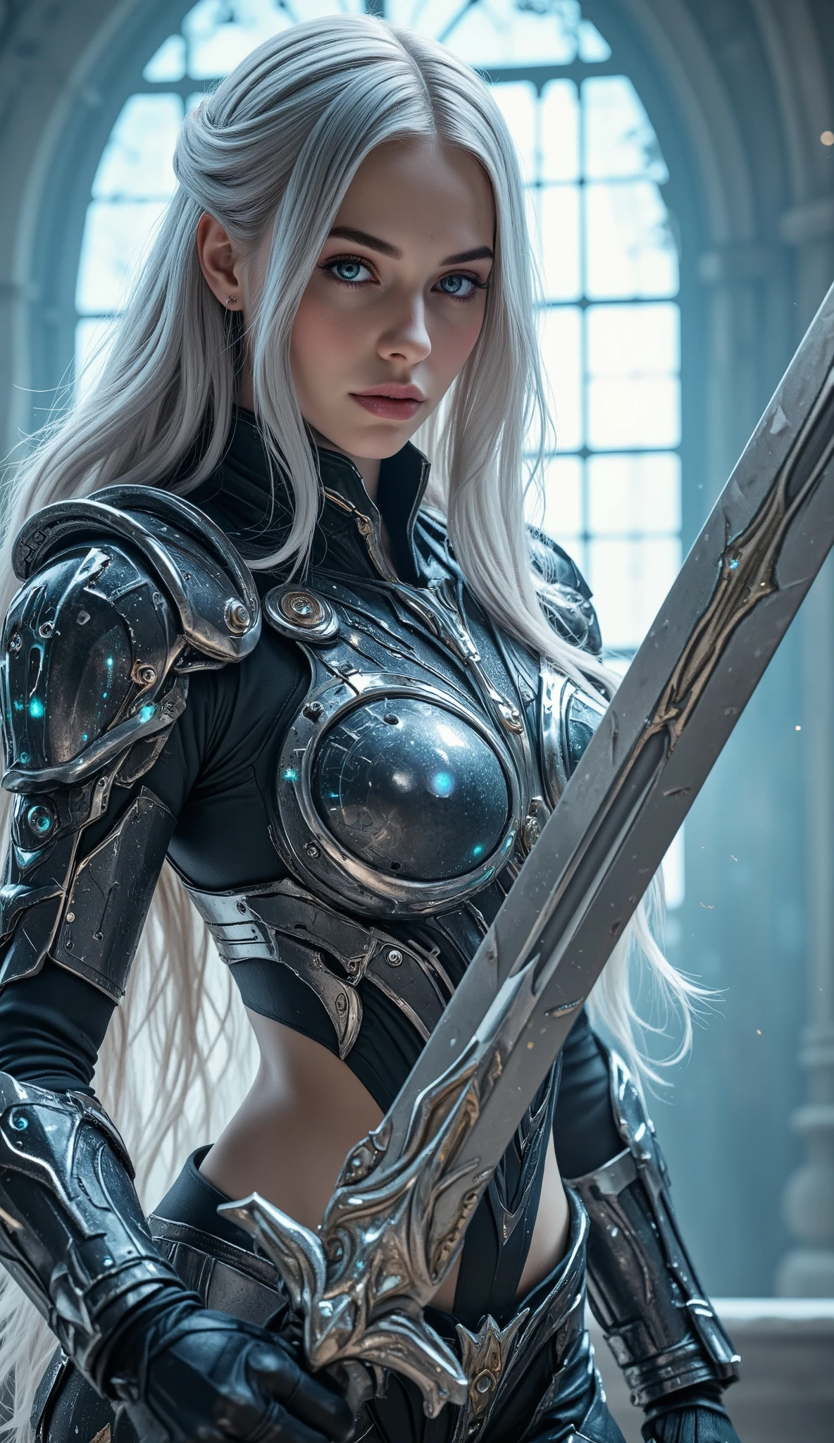 (realistic, Solo, 1girl wearing cyber armor, beautiful blue eyes, long silver hair, holographic crystal wings, (huge breasts: 1.3), (nude: 0.8) (simple glowing background:1.25), (holding giant sword in front of her, holding sword:1.3), masterpiece, best quality, high-angle, Hyperdetailed, masterpiece, best quality, 8k, natural lighting, diffused moonlight glow, sunlight, HDR (High Dynamic Range), Maximum Clarity And Sharpness, Multi-Layered Textures