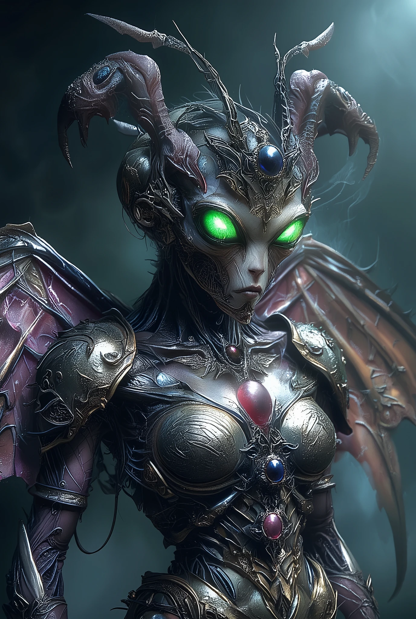 (Best Quality, 4K, high definition, masterpiece:1.2), (super detailed, photorealistic looking happy:1.37), photo taken by professional photographer, a beautiful, extremely sensual queen of bugs, detailed facial features, elegant posture, alluring expression, best quality, 4K, high resolution, photorealistic, HDR, UHD, studio lighting, vivid colors, fantasy scene, dark atmosphere, dramatic lighting, intricate details, macro photography, insect portrait, neon colored