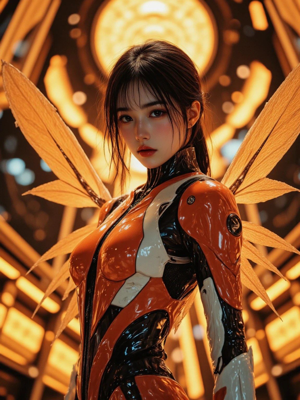 a beautiful cyber fairy, medium hair, Body cute, golden shiny wings, and red wearing a futuristic cybernetic dress in a futuristic city