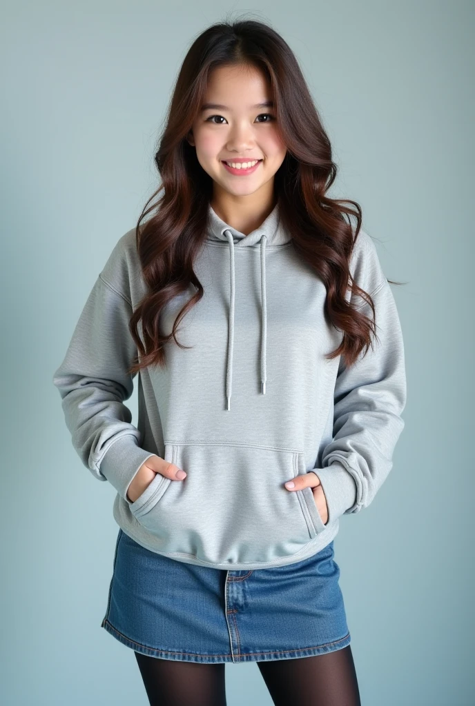 A woman with long black hair, wearing a grey hoodie and long sweatpants, smiling beautifully, Thai, under 1.