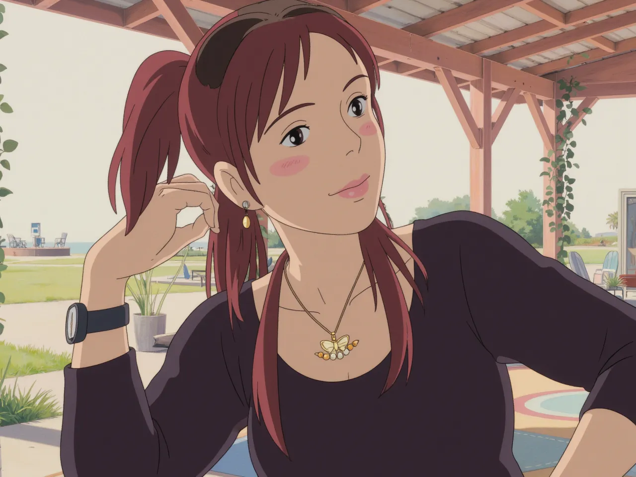 1girl, solo, upper body, facing viewer, (looking at viewer:1.5), smile, camisole, yellow camisole, park, bench, day, DSKASUMI, red hair, long hair, ponytail, brown eyes, hair bow